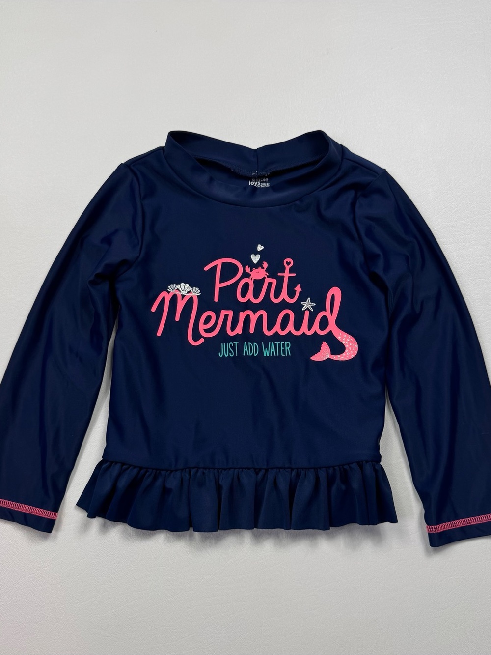 Simple Joys Navy "Part Mermaid" Ruffle Hem Swim Top - Pink Accent Size 7/8